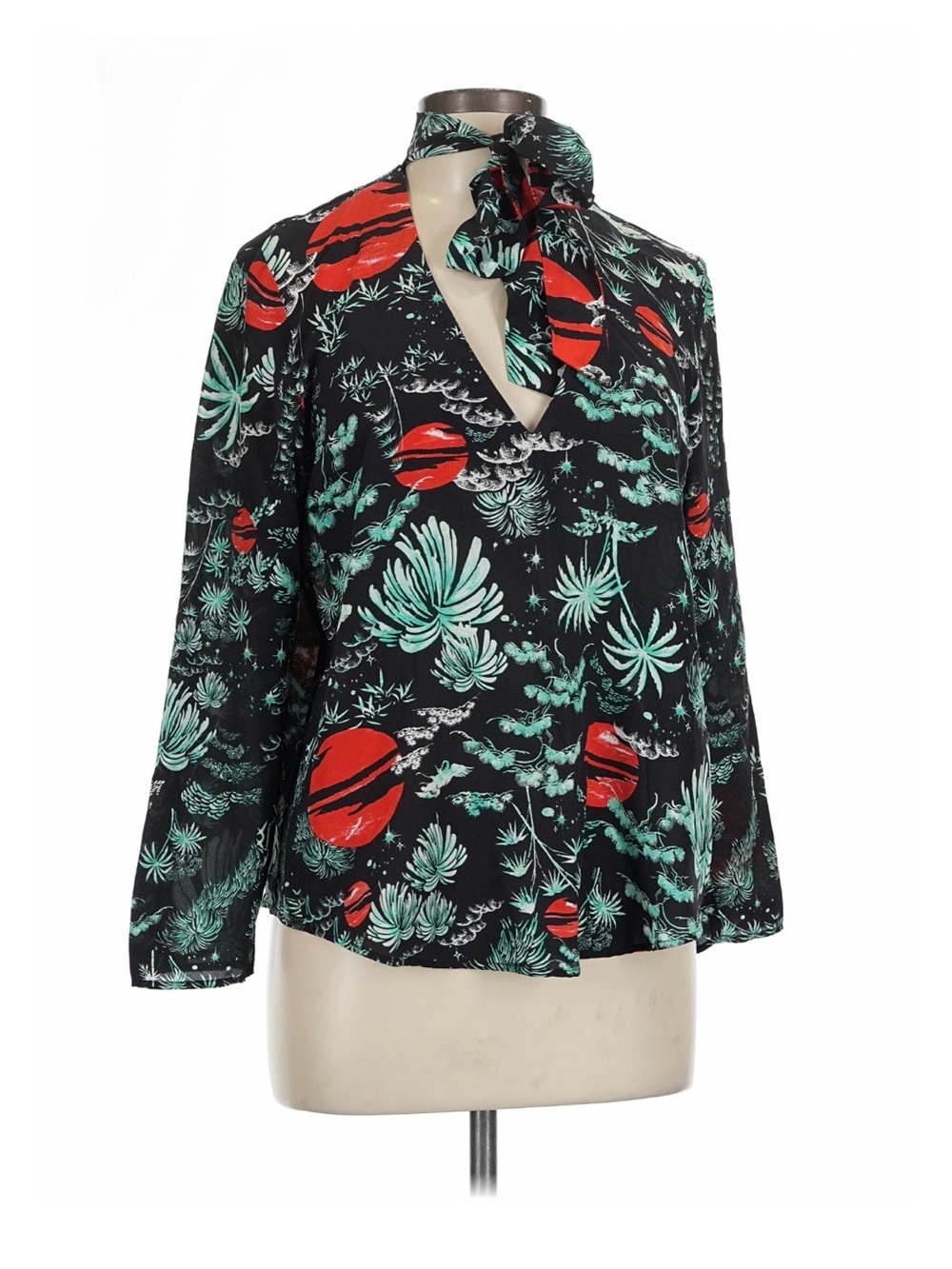 Rixo London 3/4 Sleeve Silk Top Green Print Pattern Tie Neck Top
